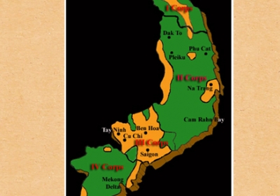 This map represents the herbicide spray missions in Vietnam. The orange areas represent concentrated spraying areas. As you can see, the Corps III received the heaviest concentration of spraying. followed by I Corps, II Corps, and IV Corps (9).