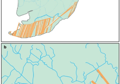 a, Missions clearly directed at specific targets. Our current work is to identify probable targets through such mapping. Colours represent the flight paths of spray missions delivering Agents Orange and White b, HERBS file problem. Some purposes defined in the HERBS file documentation3, such as waterways and communication lines, are often labelled defoliation in the spray tapes, as shown. NAS-1974 and others have analysed spraying by HERBS file purpose but this is inaccurate.